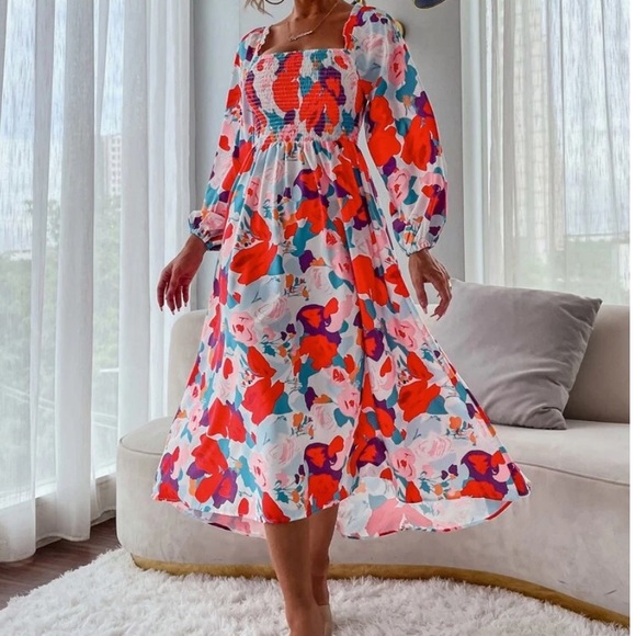 Floral Print Shirred Bishop Sleeve Square Neck A-Line Dress - Picture 7 of 7